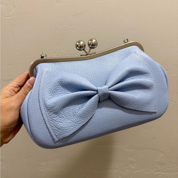 Blue Togo Cowhide Leather Handmade Large Bow Kisslock Bag With 3 Strap Styles - Picture 10 of 16